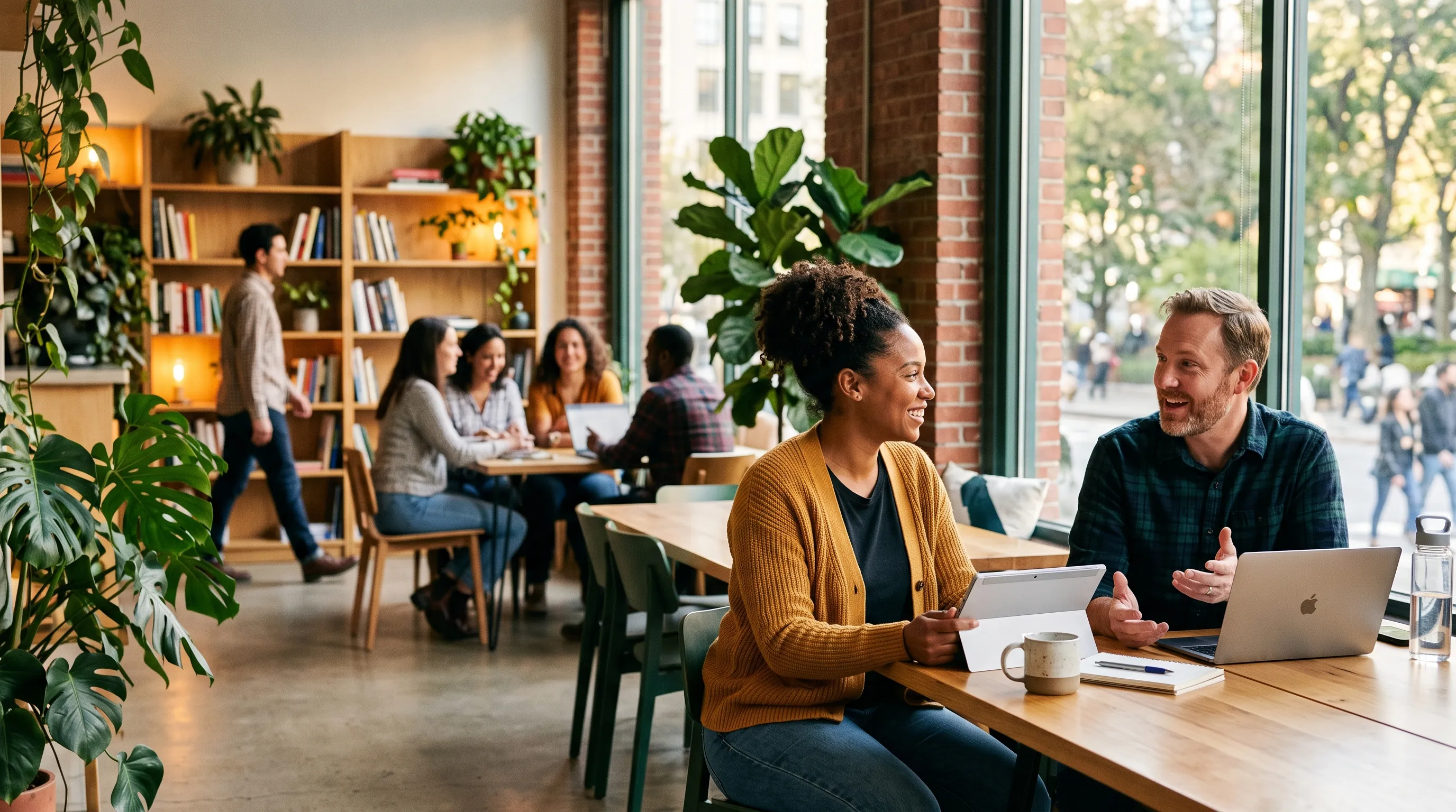 Colleagues discussing a hiring plan beside a laptop